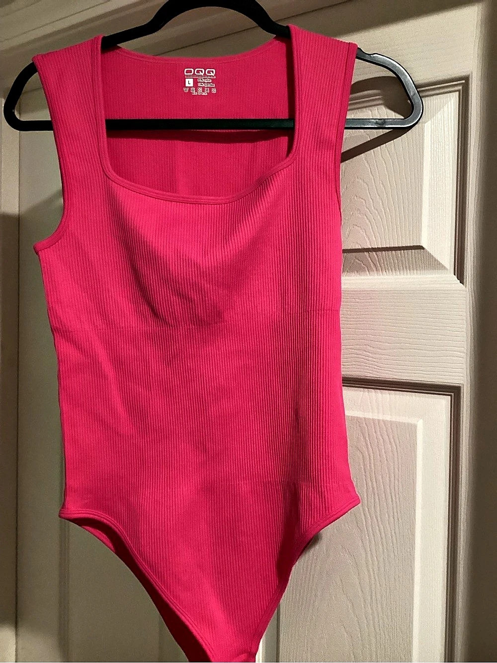 OQQ Square Neck Sleeveless Bodysuit Ribbed Pink Large
